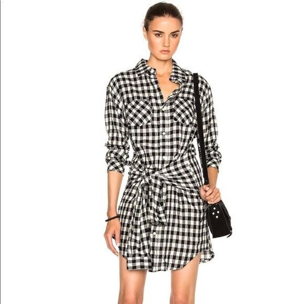 CURRENT/ELLIOTT black white plaid button down flannel tie waist dress size 2 MED